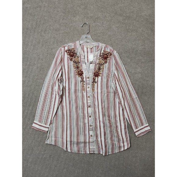 Soft Surroundings Tops - Soft Surroundings Beaded Tunic Womens M Repose Berry Stripe Linen Blend NEW